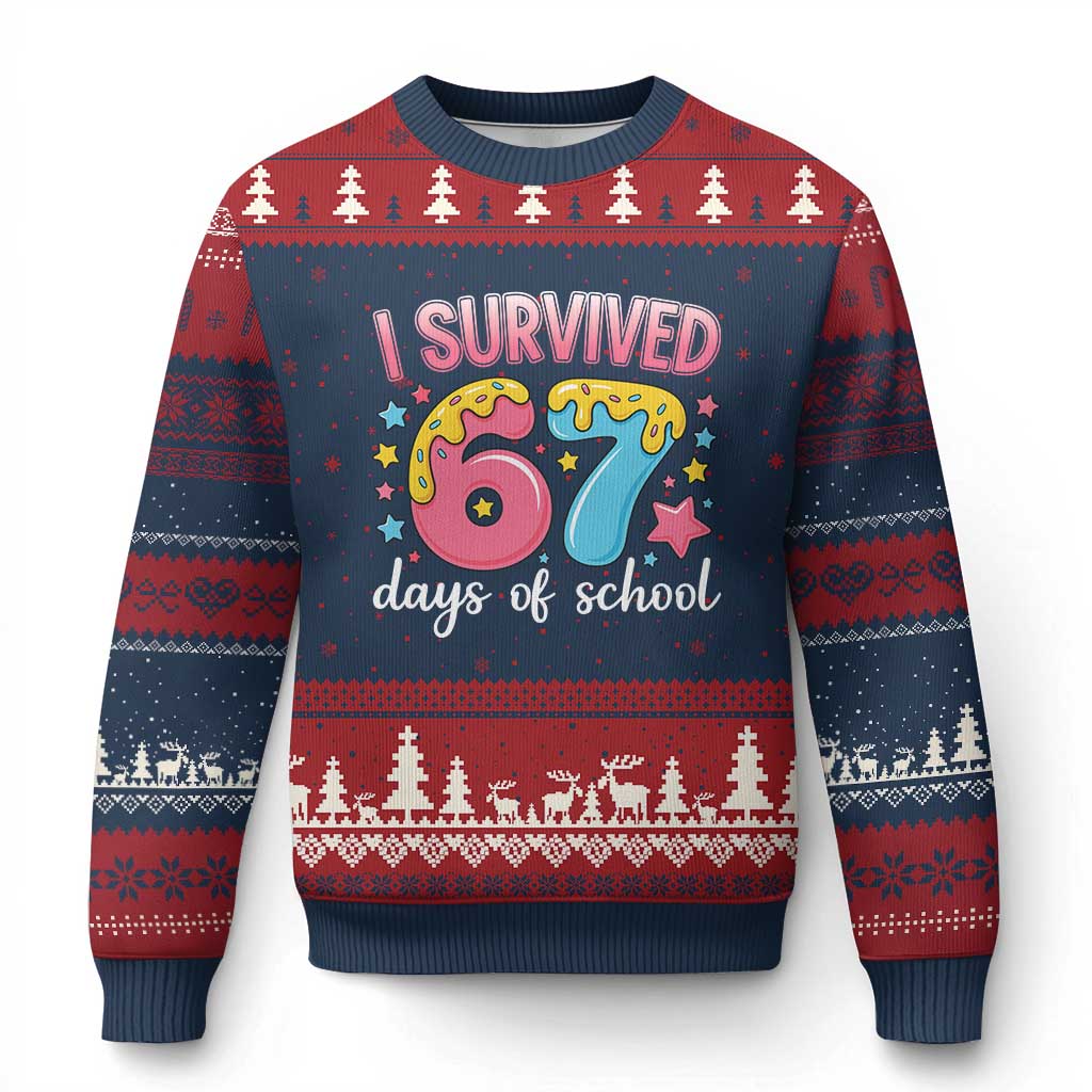 I Survived 67 Days of School Ugly Christmas Sweater Cute 6 7 Six Seven Chaos Survivor for Students Teachers TS02 Navy Red Print Your Wear