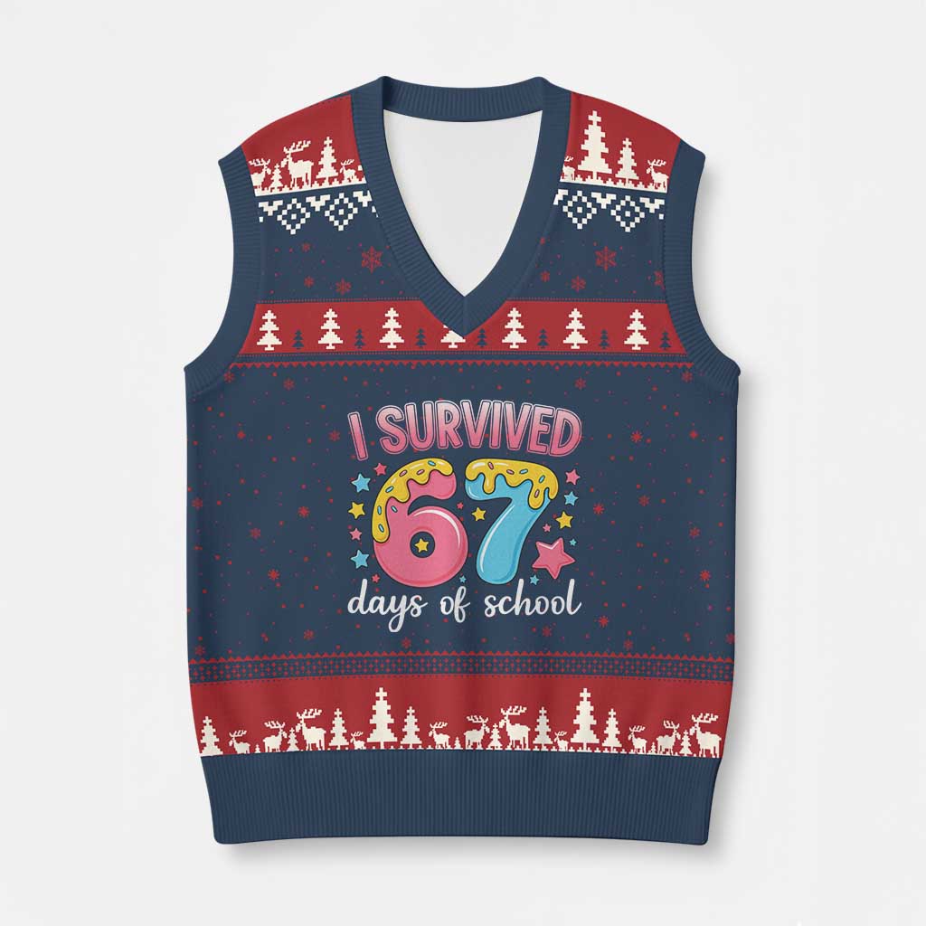 I Survived 67 Days of School V-Neck Knit Sweater Vest Cute 6 7 Six Seven Chaos Survivor for Students Teachers TS02 Navy Red Print Your Wear