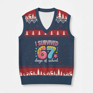 I Survived 67 Days of School V-Neck Knit Sweater Vest Cute 6 7 Six Seven Chaos Survivor for Students Teachers TS02 Navy Red Print Your Wear