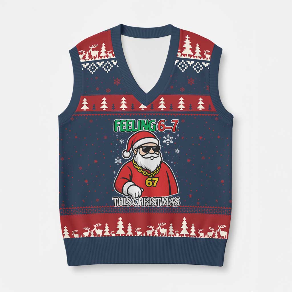 Feeling 67 This Xmas V-Neck Knit Sweater Vest Funny Cool Santa Six Seven Meme Holiday TS02 Navy Red Print Your Wear