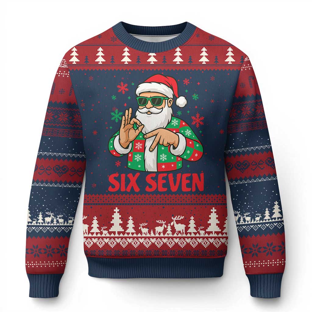 Cool Santa Six Seven Meme Xmas Ugly Christmas Sweater Funny 67 Holiday Hand Sign with Hipster Vibes TS02 Navy Red Print Your Wear
