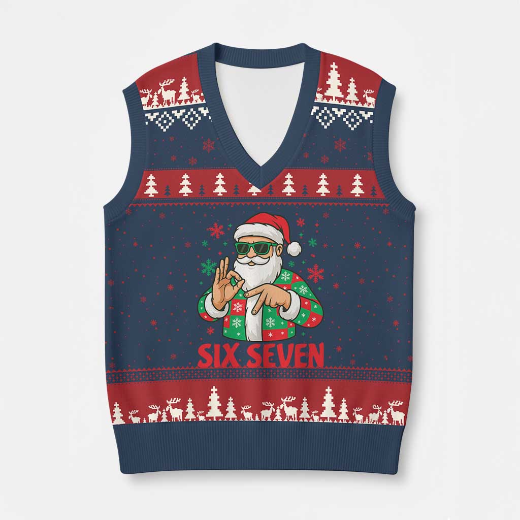 Cool Santa Six Seven Meme Xmas V-Neck Knit Sweater Vest Funny 67 Holiday Hand Sign with Hipster Vibes TS02 Navy Red Print Your Wear