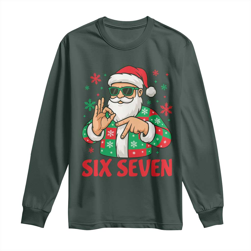 Cool Santa Six Seven Meme Christmas Long Sleeve Shirt Funny 67 Holiday Hand Sign with Hipster Vibes TS02 Dark Forest Green Print Your Wear