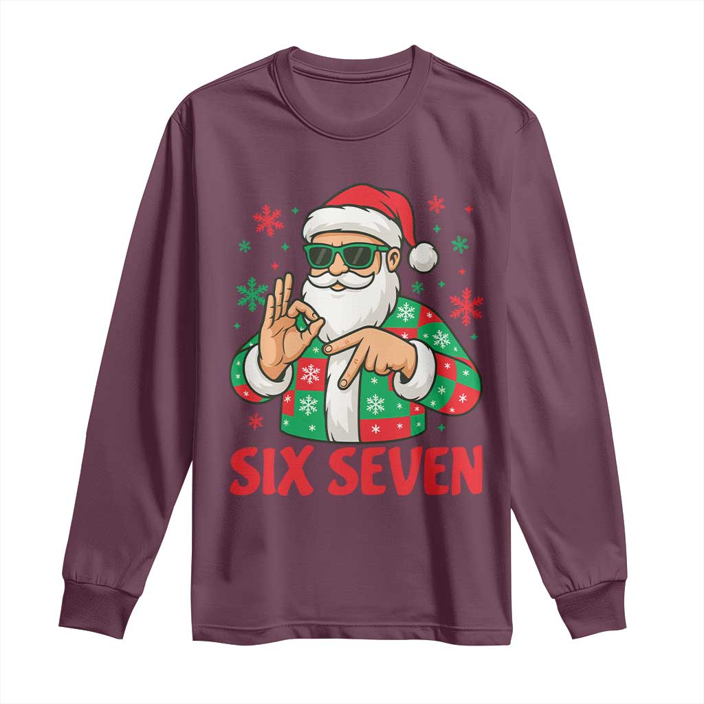 Cool Santa Six Seven Meme Christmas Long Sleeve Shirt Funny 67 Holiday Hand Sign with Hipster Vibes TS02 Maroon Print Your Wear