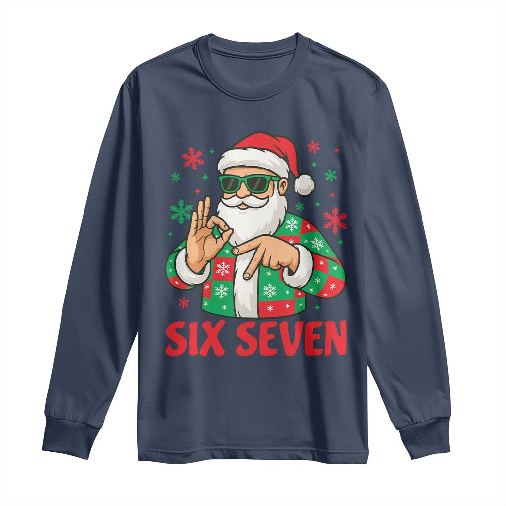Cool Santa Six Seven Meme Christmas Long Sleeve Shirt Funny 67 Holiday Hand Sign with Hipster Vibes TS02 Navy Print Your Wear