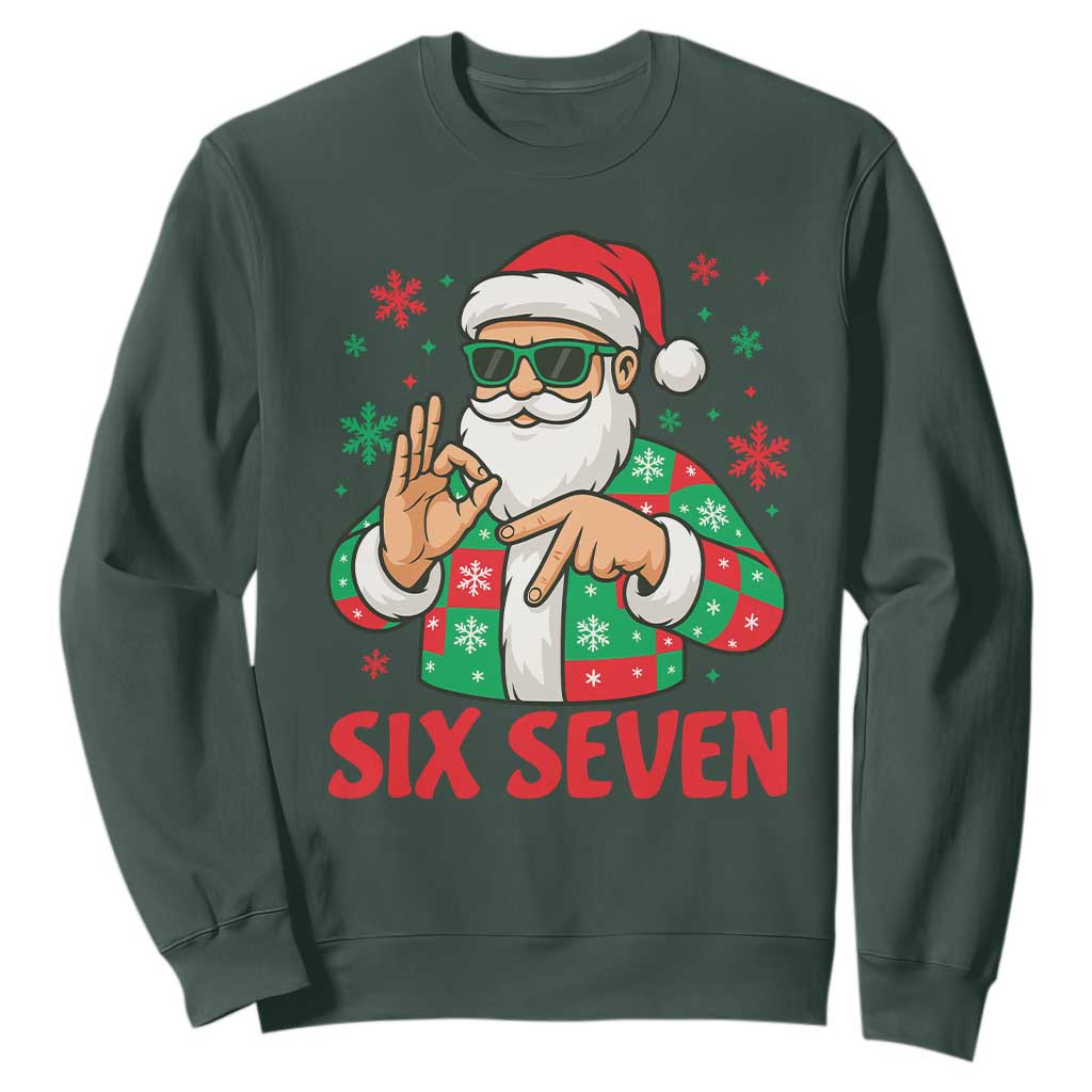 Cool Santa Six Seven Meme Christmas Sweatshirt Funny 67 Holiday Hand Sign with Hipster Vibes TS02 Dark Forest Green Print Your Wear