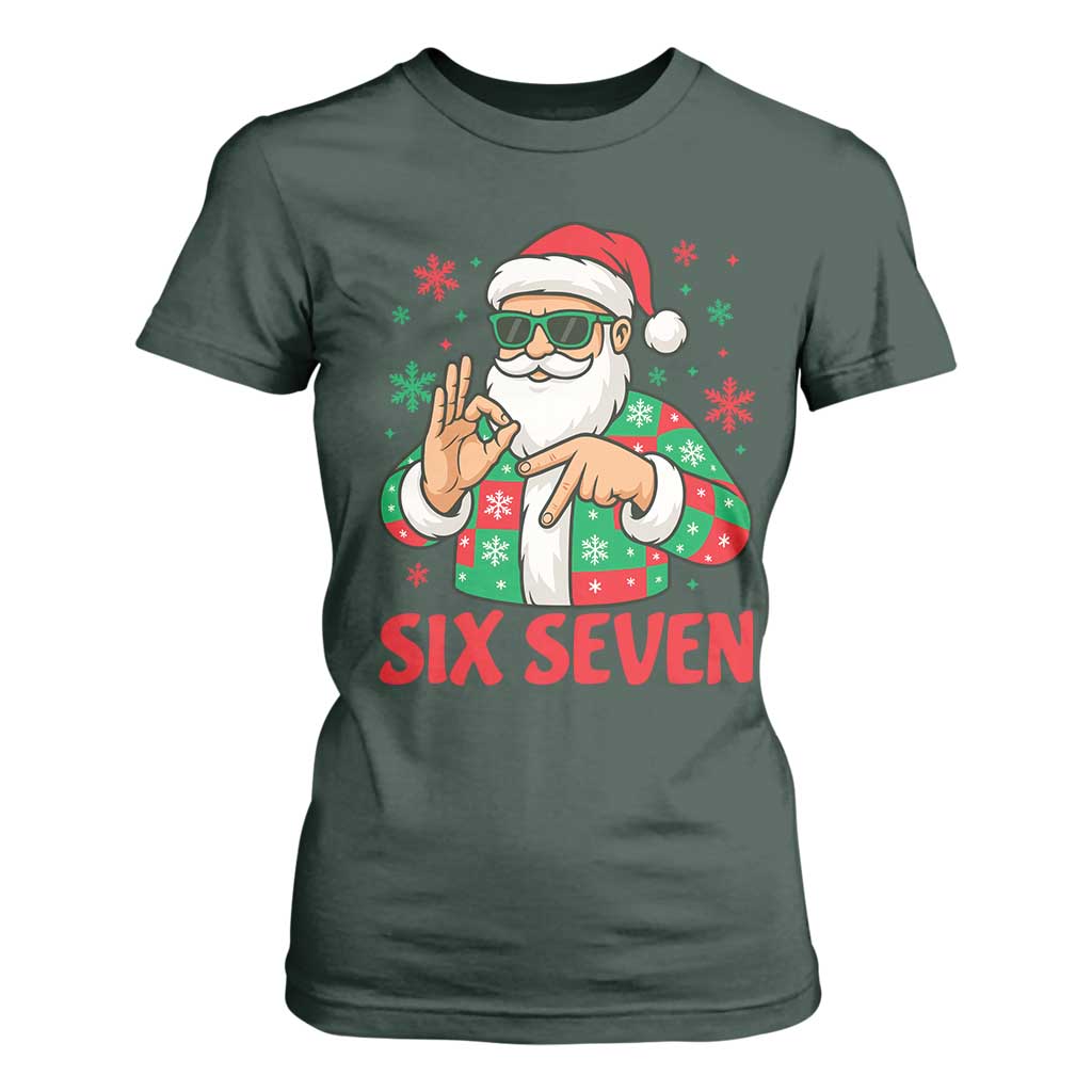 Cool Santa Six Seven Meme Christmas T Shirt For Women Funny 67 Holiday Hand Sign with Hipster Vibes TS02 Dark Forest Green Print Your Wear