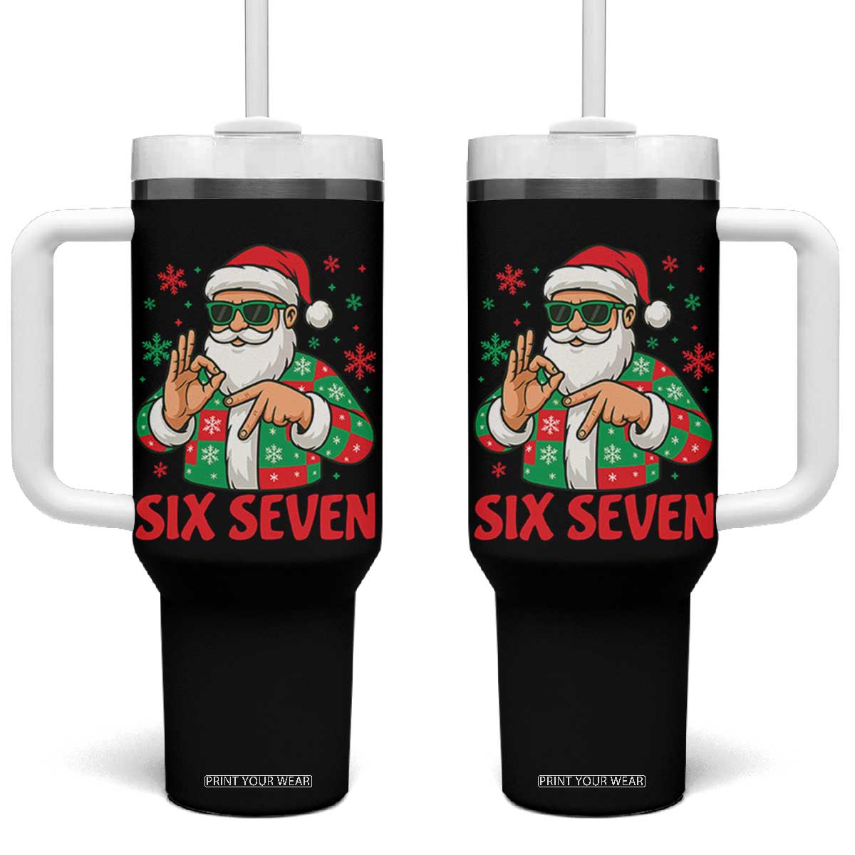 Cool Santa Six Seven Meme Christmas Tumbler With Handle Funny 67 Holiday Hand Sign with Hipster Vibes TS02 One Size: 40 oz Black Print Your Wear