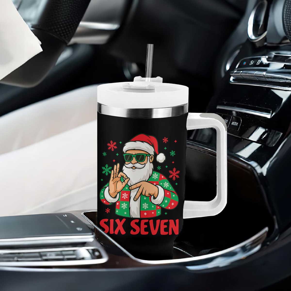 Cool Santa Six Seven Meme Christmas Tumbler With Handle Funny 67 Holiday Hand Sign with Hipster Vibes TS02 Print Your Wear