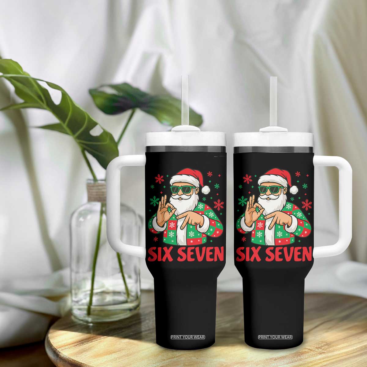 Cool Santa Six Seven Meme Christmas Tumbler With Handle Funny 67 Holiday Hand Sign with Hipster Vibes TS02 Print Your Wear