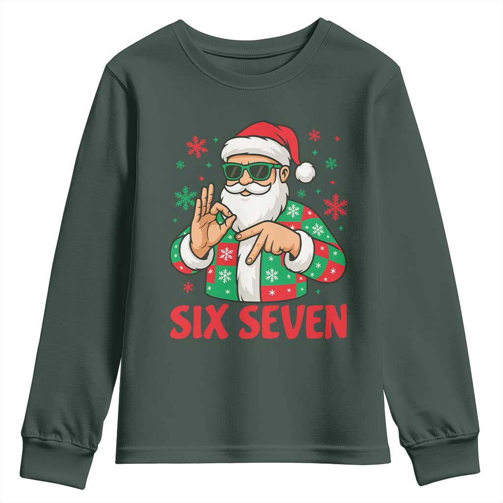 Cool Santa Six Seven Meme Christmas Youth Sweatshirt Funny 67 Holiday Hand Sign with Hipster Vibes TS02 Dark Forest Green Print Your Wear