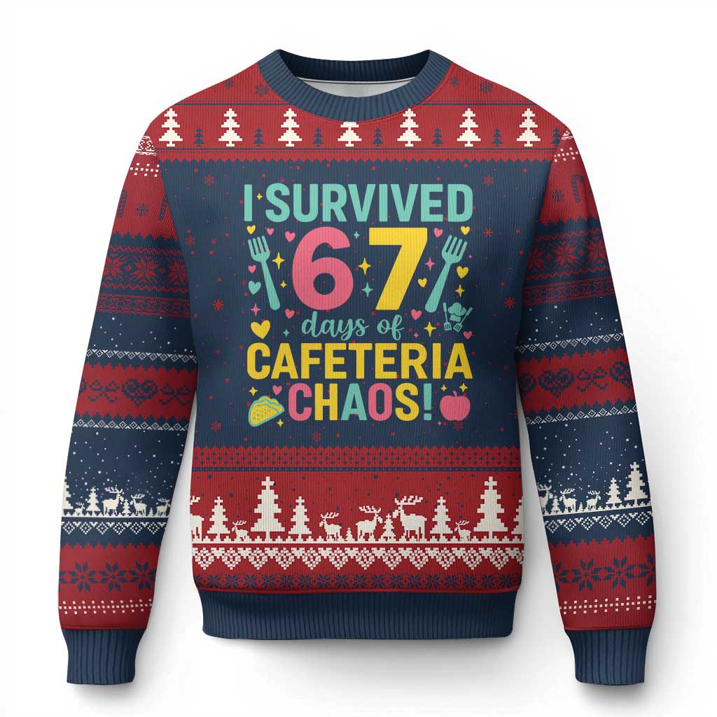 I Survived 67 Days of Cafeteria Chaos Ugly Christmas Sweater Funny School Lunch Duty TS02 Navy Red Print Your Wear