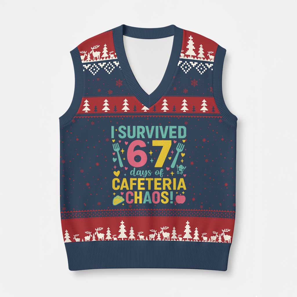I Survived 67 Days of Cafeteria Chaos V-Neck Knit Sweater Vest Funny School Lunch Duty TS02 Navy Red Print Your Wear