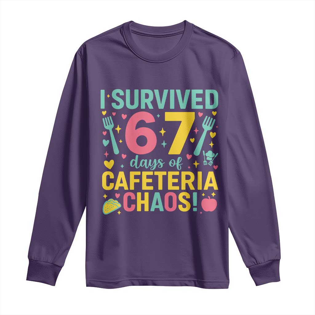 I Survived 67 Days of Cafeteria Chaos Long Sleeve Shirt Funny School Lunch Duty TS02 Purple Print Your Wear