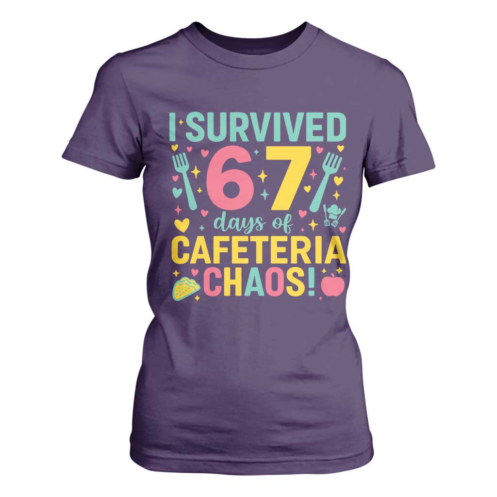 I Survived 67 Days of Cafeteria Chaos T Shirt For Women Funny School Lunch Duty TS02 Purple Print Your Wear