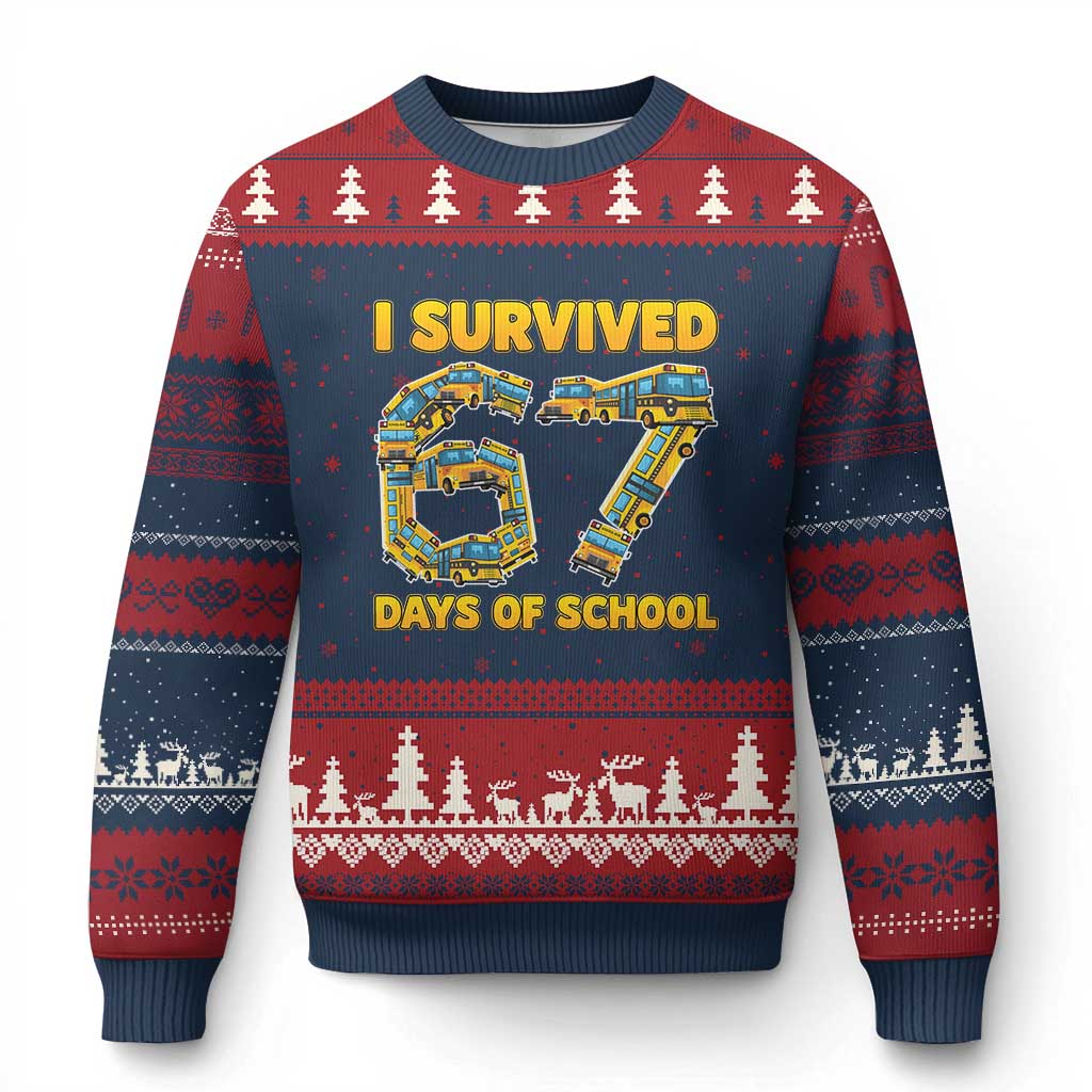 Funny School Bus Driver Ugly Christmas Sweater I Survived 67 Days of School TS02 Navy Red Print Your Wear