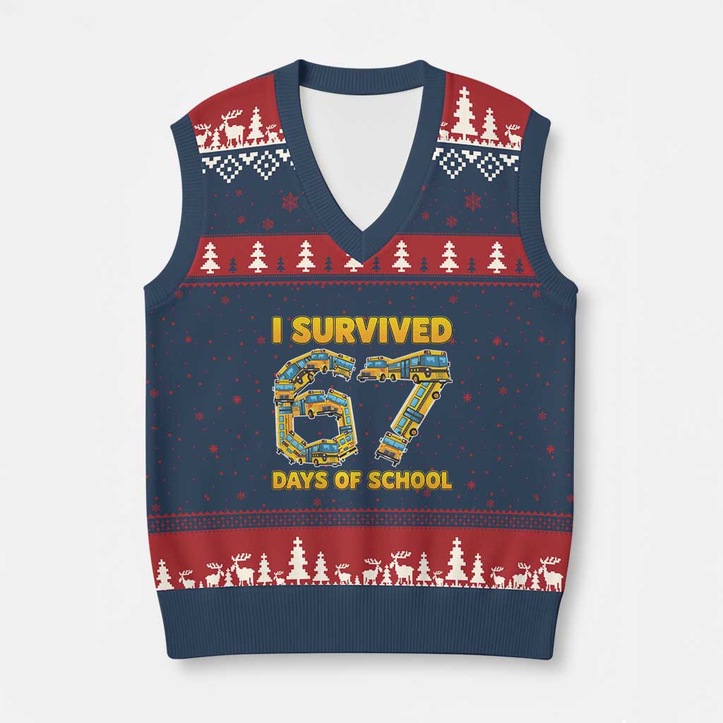 Funny School Bus Driver V-Neck Knit Sweater Vest I Survived 67 Days of School TS02 Navy Red Print Your Wear