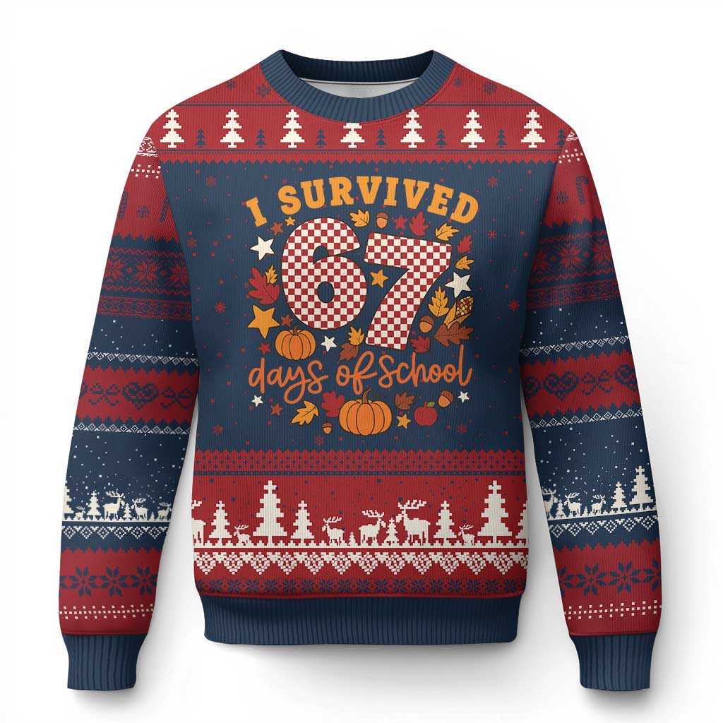 I Survived 67 Days of School Ugly Christmas Sweater Autumn Fall Leaves Back To School TS02 Navy Red Print Your Wear