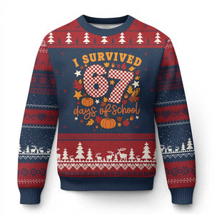 I Survived 67 Days of School Ugly Christmas Sweater Autumn Fall Leaves Back To School TS02 Navy Red Print Your Wear