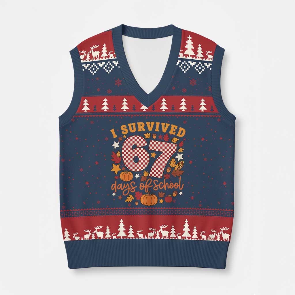 I Survived 67 Days of School V-Neck Knit Sweater Vest Autumn Fall Leaves Back To School TS02 Navy Red Print Your Wear