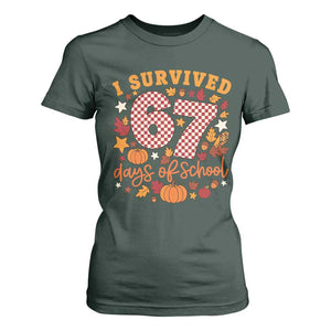 I Survived 67 Days of School T Shirt For Women Autumn Fall Leaves Back To School TS02 Dark Forest Green Print Your Wear