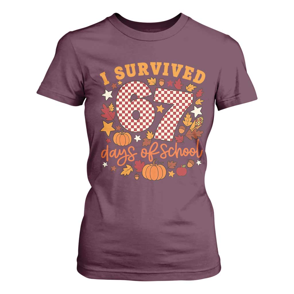 I Survived 67 Days of School T Shirt For Women Autumn Fall Leaves Back To School TS02 Maroon Print Your Wear