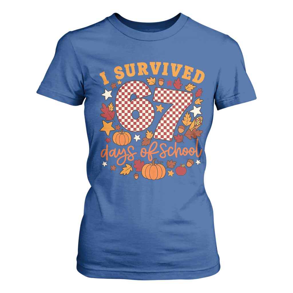 I Survived 67 Days of School T Shirt For Women Autumn Fall Leaves Back To School TS02 Royal Blue Print Your Wear