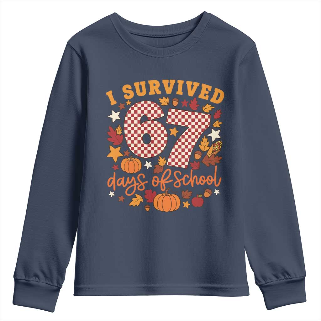 I Survived 67 Days of School Youth Sweatshirt Autumn Fall Leaves Back To School TS02 Navy Print Your Wear
