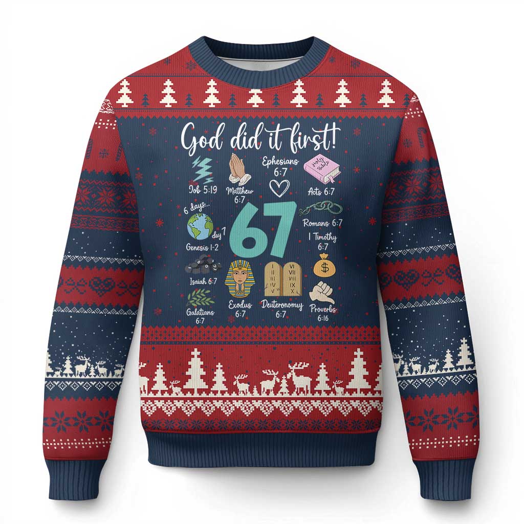 God Did It First 6 7 Ugly Christmas Sweater Funny Christian Bible Verse Meme 67 References TS02 Navy Red Print Your Wear