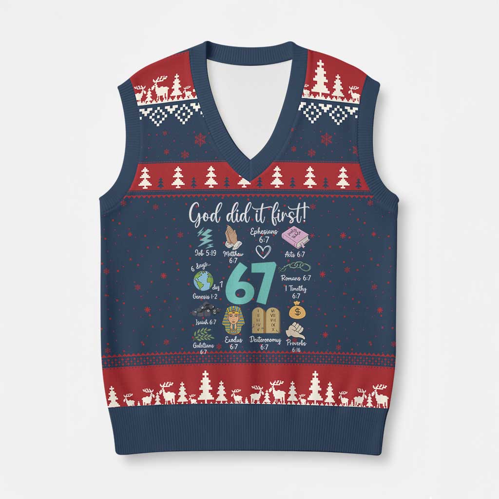 God Did It First 6 7 V-Neck Knit Sweater Vest Funny Christian Bible Verse Meme 67 References TS02 Navy Red Print Your Wear