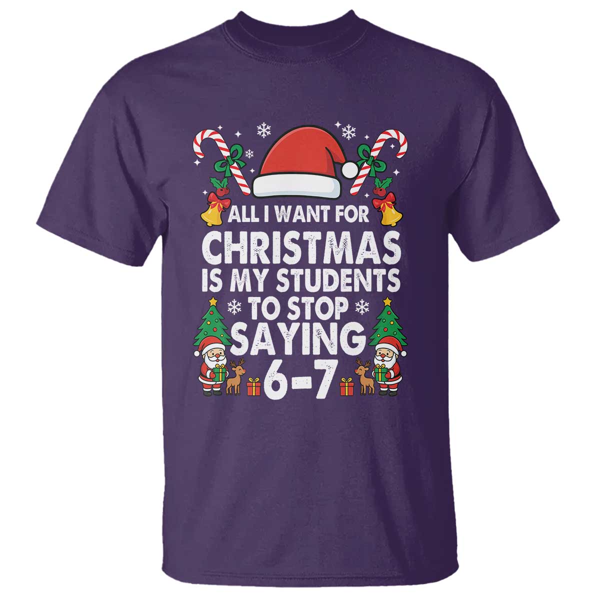 Funny Anti Six Seven Teacher Christmas T Shirt My Students To Stop Saying 67 Santa Hat Candy Canes TS02 Purple Print Your Wear