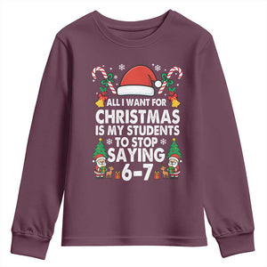 Funny Anti Six Seven Teacher Christmas Youth Sweatshirt My Students To Stop Saying 67 Santa Hat Candy Canes TS02 Maroon Print Your Wear