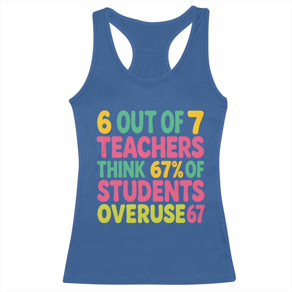 6 Out of 7 Teachers Think 67 Percent of Students Overuse 67 Racerback Tank Top Funny Viral Meme Educators TS02 Royal Blue Print Your Wear