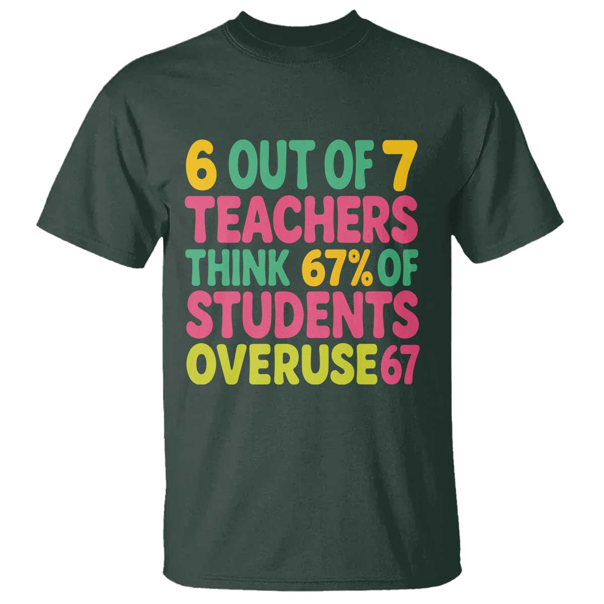 6 Out of 7 Teachers Think 67 Percent of Students Overuse 67 T Shirt Funny Viral Meme Educators TS02 Dark Forest Green Print Your Wear