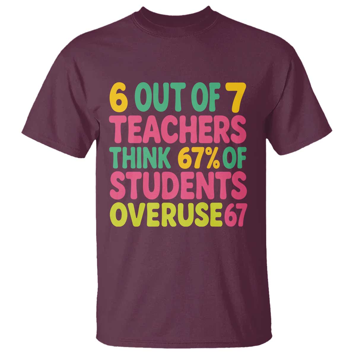 6 Out of 7 Teachers Think 67 Percent of Students Overuse 67 T Shirt Funny Viral Meme Educators TS02 Maroon Print Your Wear