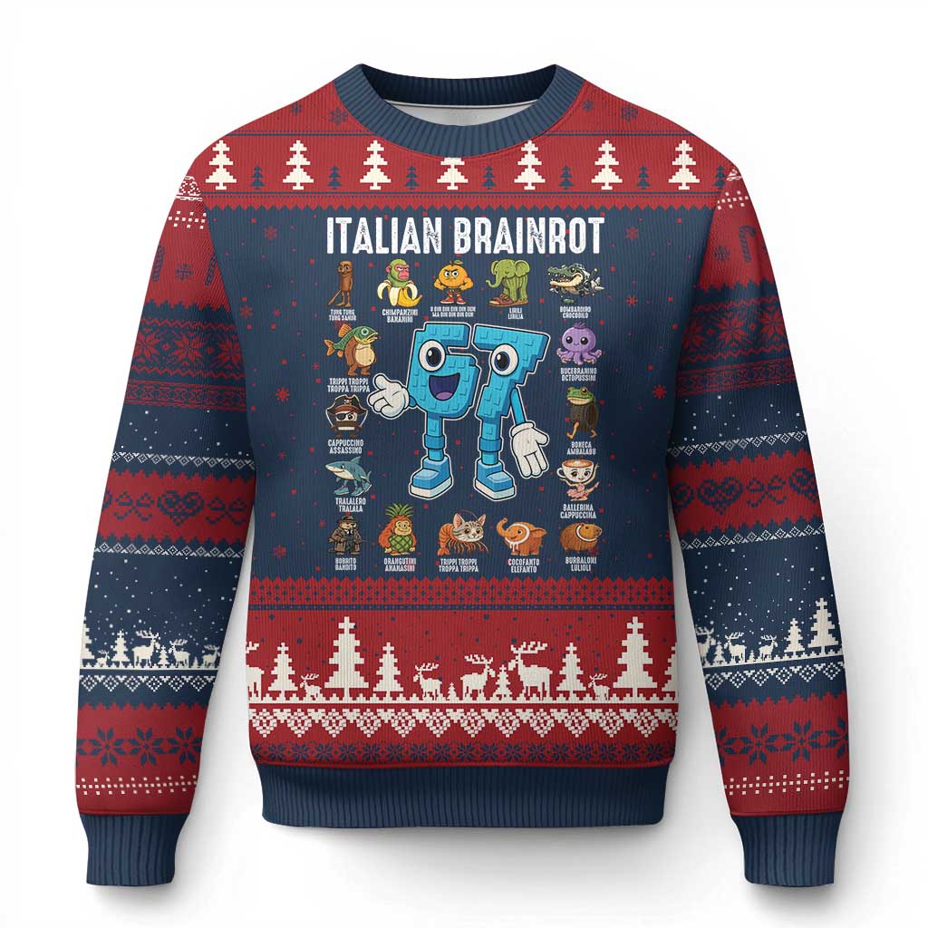 Italian Brainrot 67 Meme Ugly Christmas Sweater Funny Six Seven Absurdist Viral Chaoscore Internet Humor Addicts TS02 Navy Red Print Your Wear
