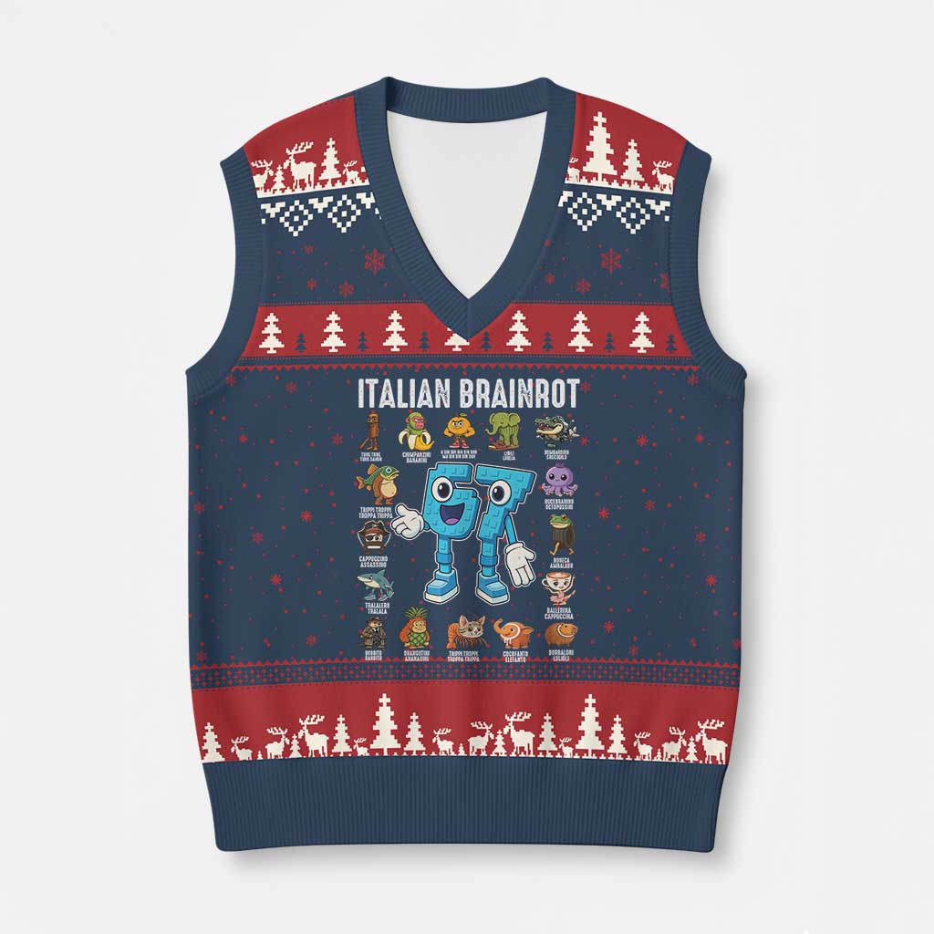 Italian Brainrot 67 Meme V-Neck Knit Sweater Vest Funny Six Seven Absurdist Viral Chaoscore Internet Humor Addicts TS02 Navy Red Print Your Wear