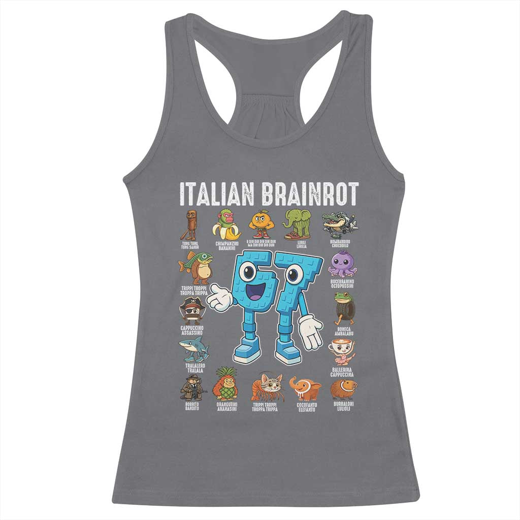 Italian Brainrot 67 Meme Racerback Tank Top Funny Six Seven Absurdist Viral Chaoscore Internet Humor Addicts TS02 Charcoal Print Your Wear