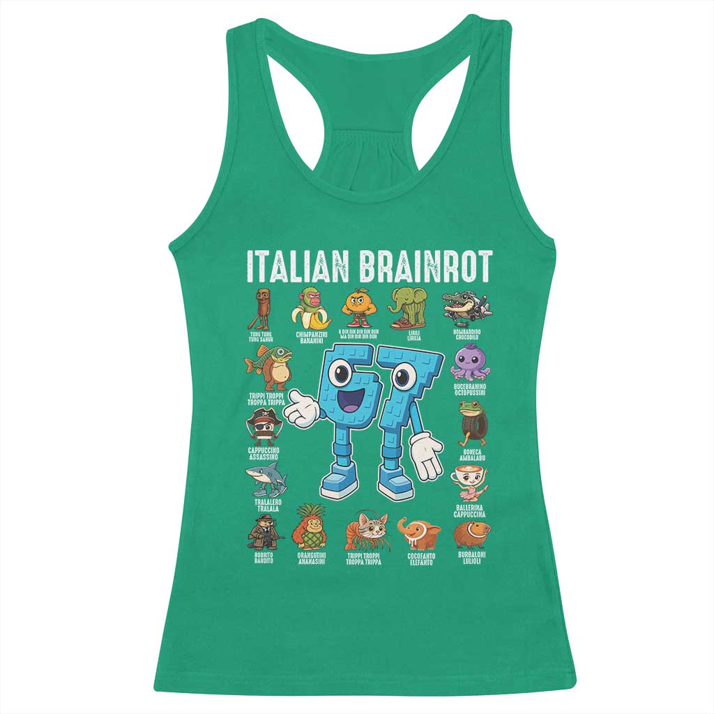 Italian Brainrot 67 Meme Racerback Tank Top Funny Six Seven Absurdist Viral Chaoscore Internet Humor Addicts TS02 Irish Green Print Your Wear
