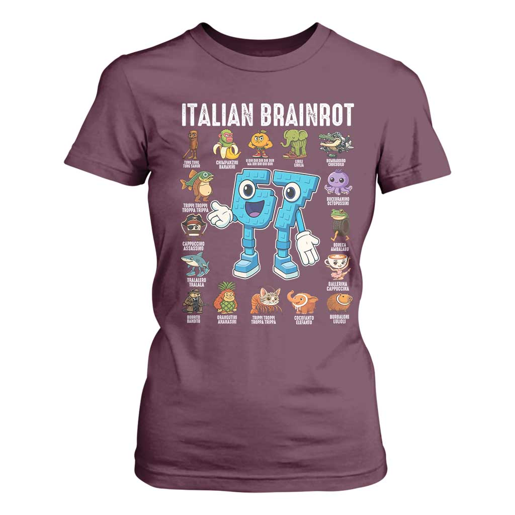 Italian Brainrot 67 Meme T Shirt For Women Funny Six Seven Absurdist Viral Chaoscore Internet Humor Addicts TS02 Maroon Print Your Wear