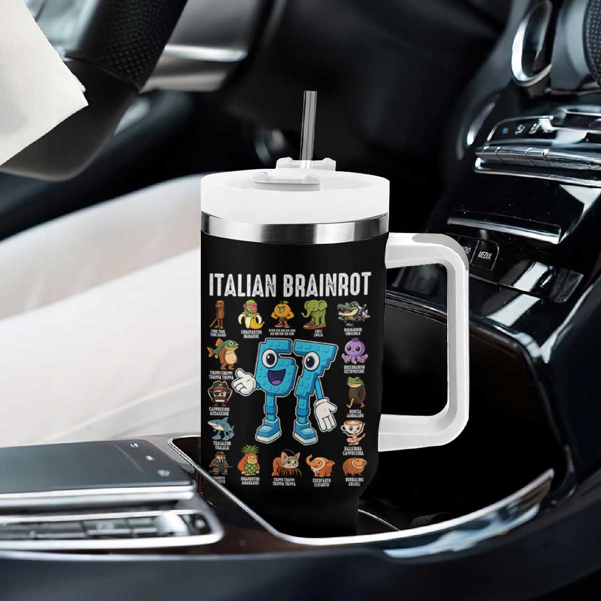 Italian Brainrot 67 Meme Tumbler With Handle Funny Six Seven Absurdist Viral Chaoscore Internet Humor Addicts TS02 Print Your Wear