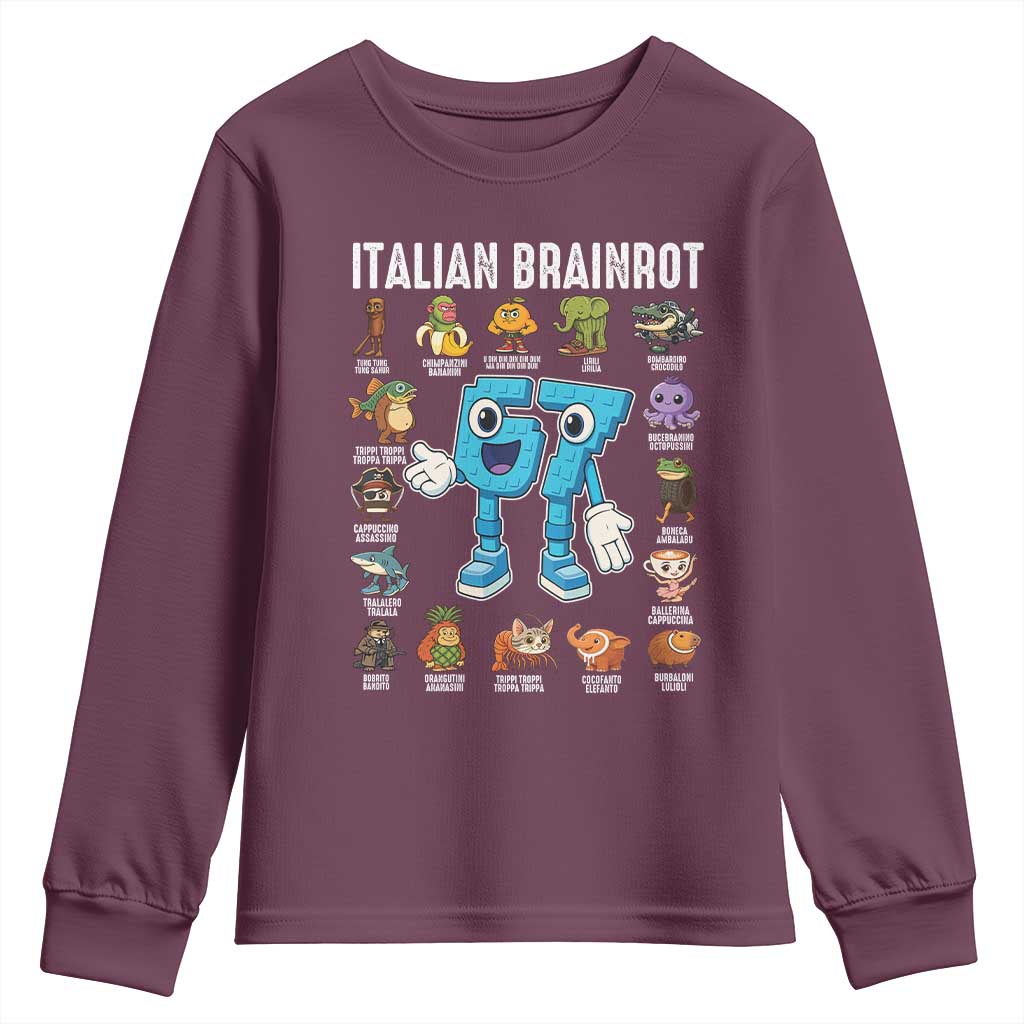 Italian Brainrot 67 Meme Youth Sweatshirt Funny Six Seven Absurdist Viral Chaoscore Internet Humor Addicts TS02 Maroon Print Your Wear