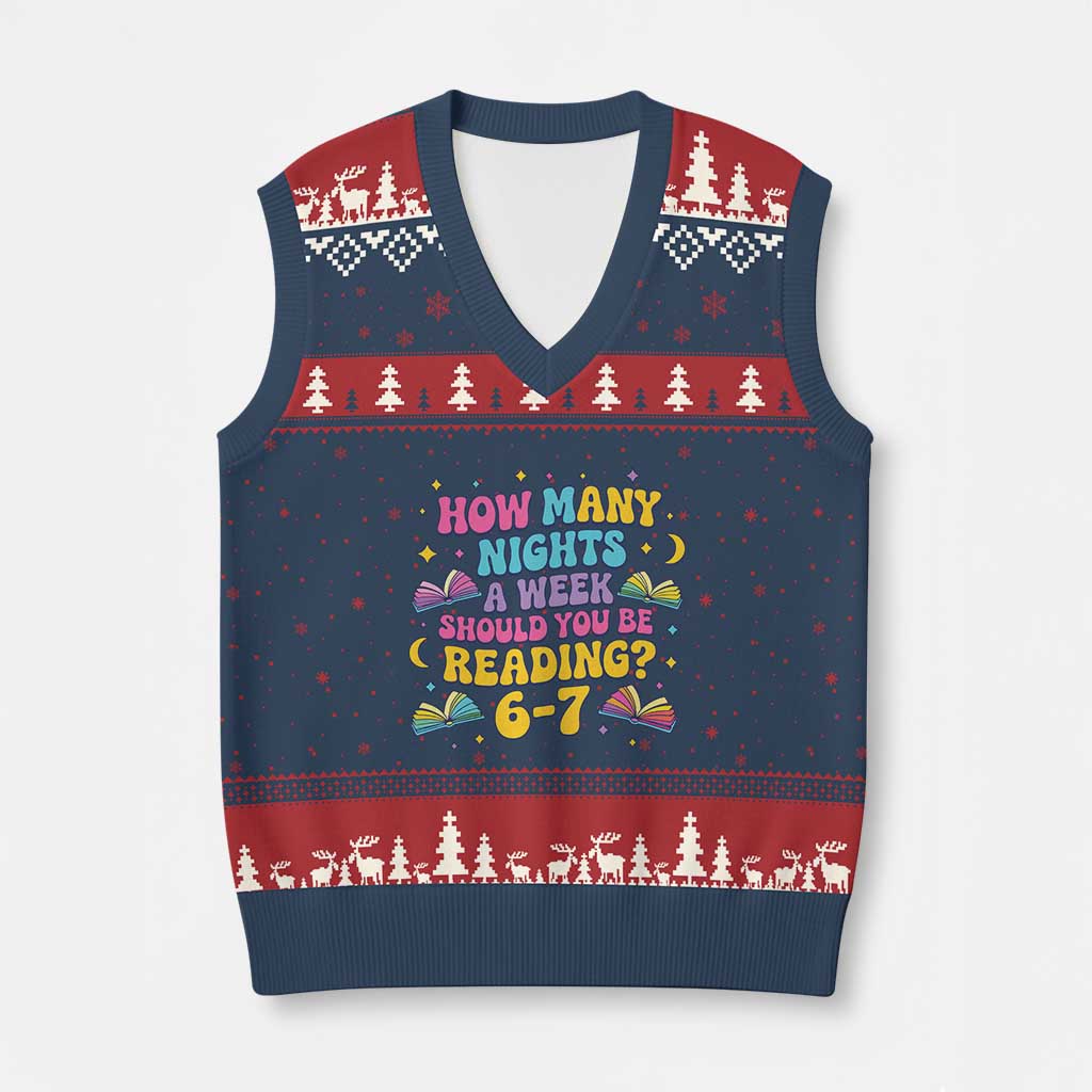 How Many Nights a Week Should You Be Reading 6 7 V-Neck Knit Sweater Vest Funny Book Meme for Teachers Students TS02 Navy Red Print Your Wear