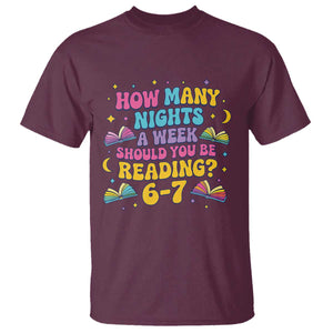 How Many Nights a Week Should You Be Reading 6 7 T Shirt Funny Book Meme for Teachers Students TS02 Maroon Print Your Wear