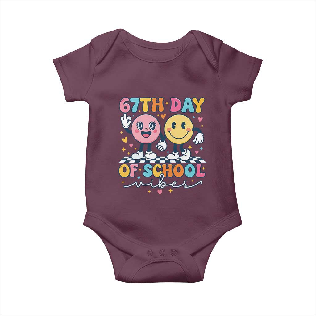 67th Day of School Vibes Baby Onesie Cute Retro Smiling Face for Students & Teachers TS02 Maroon Print Your Wear