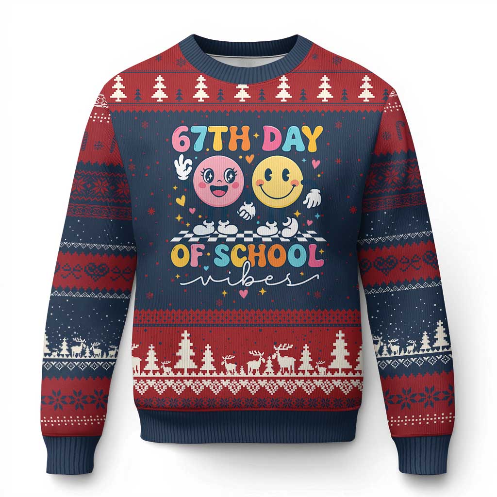 67th Day of School Vibes Ugly Christmas Sweater Cute Retro Smiling Face for Students & Teachers TS02 Navy Red Print Your Wear