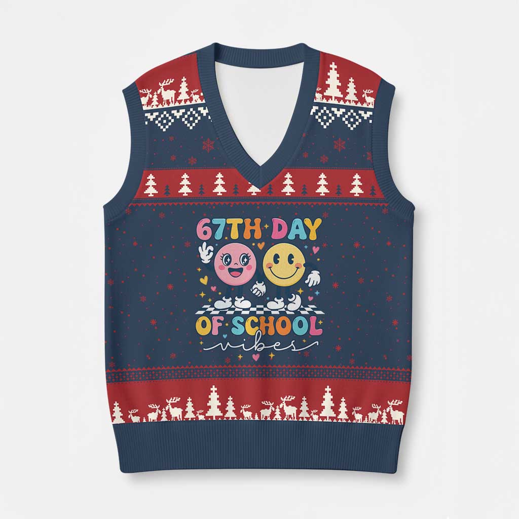 67th Day of School Vibes V-Neck Knit Sweater Vest Cute Retro Smiling Face for Students & Teachers TS02 Navy Red Print Your Wear