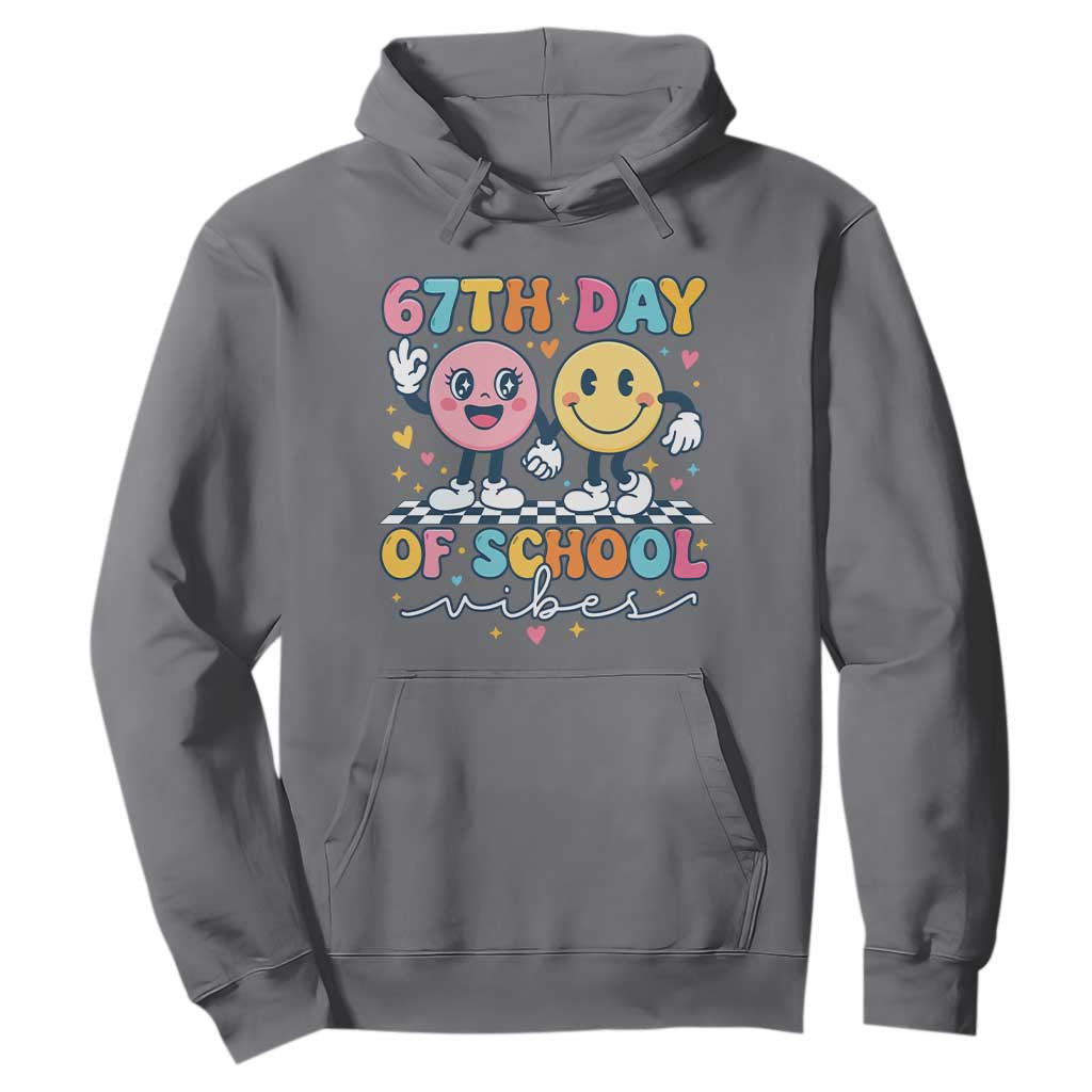 67th Day of School Vibes Hoodie Cute Retro Smiling Face for Students & Teachers TS02 Charcoal Print Your Wear