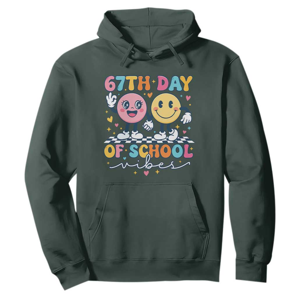 67th Day of School Vibes Hoodie Cute Retro Smiling Face for Students & Teachers TS02 Dark Forest Green Print Your Wear