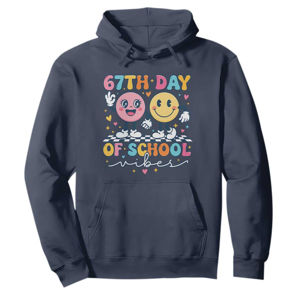 67th Day of School Vibes Hoodie Cute Retro Smiling Face for Students & Teachers TS02 Navy Print Your Wear